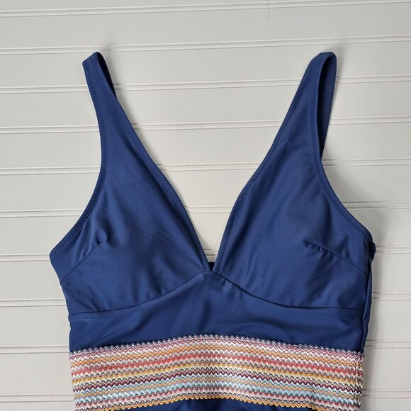 Women's Blue Plunge Neck Tummy Control Modest One Piece Swimsuit Size S NWTF - Picture 3 of 14